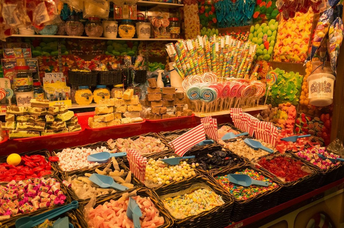 Colorful best British sweets filling a candy shop display