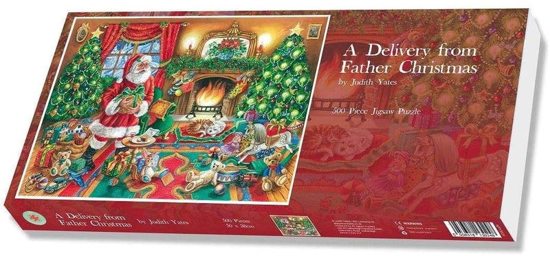 a 500 piece christmas-themed puzzle in a box.