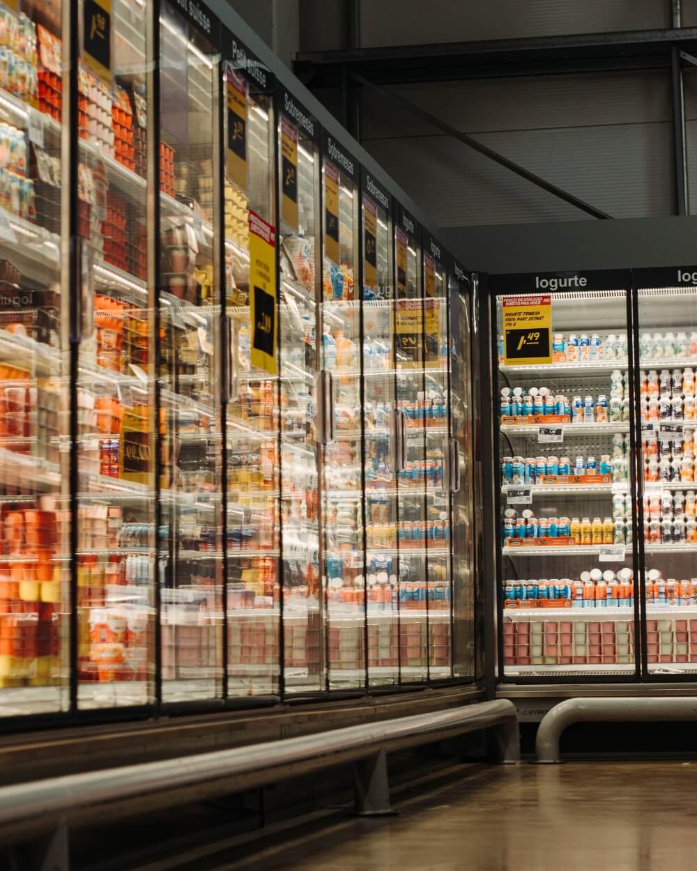 fridges in a grocery store.