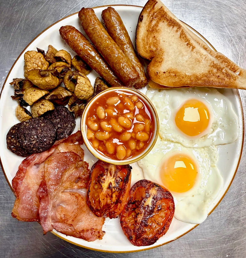 A full English breakfast on a plate