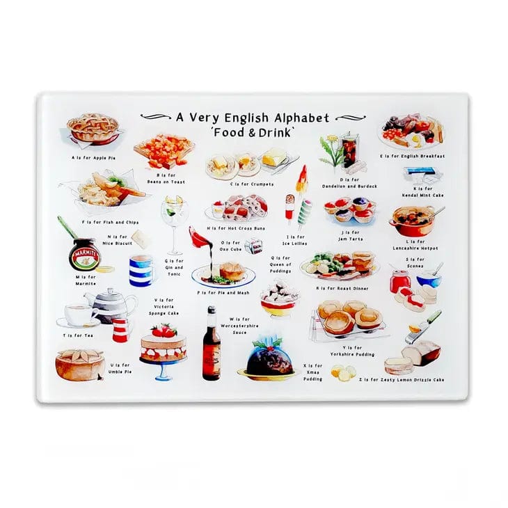 A Very English Alphabet Food & Drink Glass Cutting Board