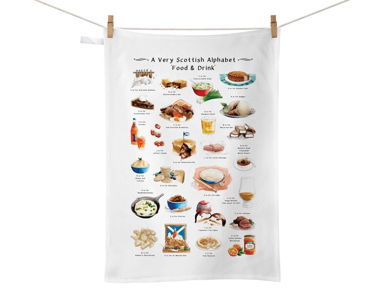 A Very Scottish Alphabet 'Food & Drink' Tea Towel